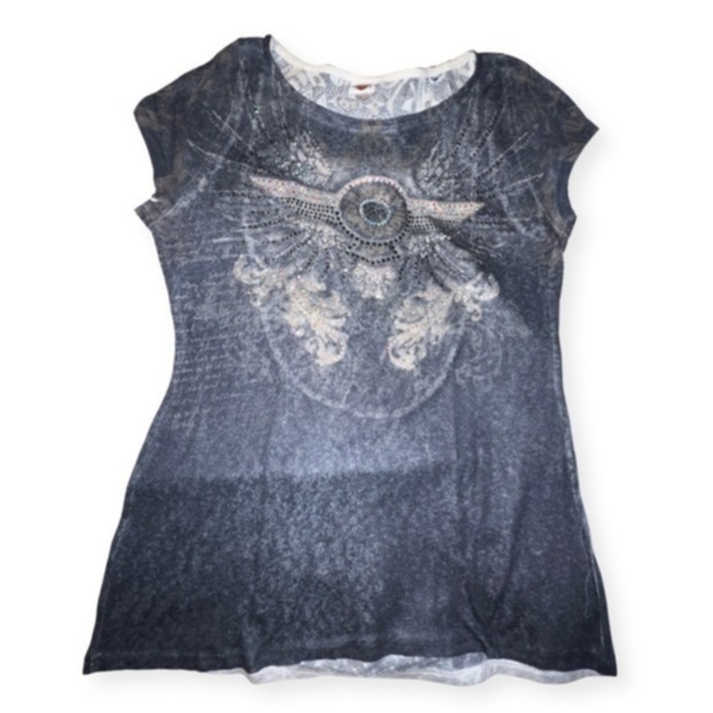 Harley Davidson Moto Lace back Fairy Grunge Graphic bling sheer T-shirt Sz M